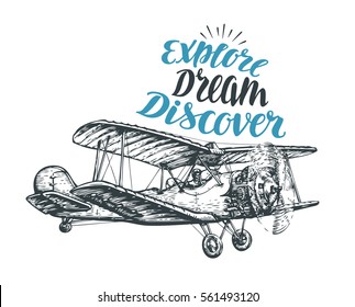 Retro biplane. Airplane sketch. Travel vector illustration