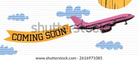 Retro biplane banner in sky. Creative collage for travel, vintage ads, or "coming soon" announcements