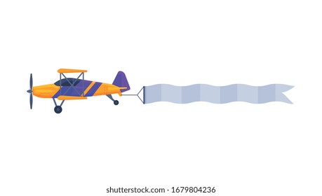 Retro Biplane with Blank Horizontal Banner Flying in the Sky, Air Vehicle with White Ribbon for Advertising Flat Vector Illustration