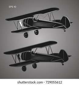 Retro biplane plane vector illusration. Vintage piston engine airplane