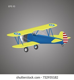 Retro biplane plane vector illusration. Small vintage piston engine airplane. Training aircraft back view