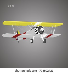 Retro Biplane Plane Vector Illusration. Small Vintage Piston Engine Airplane. Training Aircraft Front View