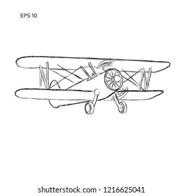 Retro biplane plane vector sketch. Small vintage piston engine airplane. Training aircraft hand drawn