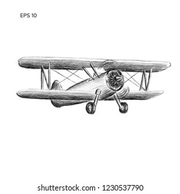 Retro biplane plane vector sketch. Small vintage piston engine airplane. Training aircraft hand drawn