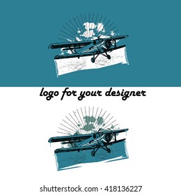 Retro biplane vintage illustration set, logo background