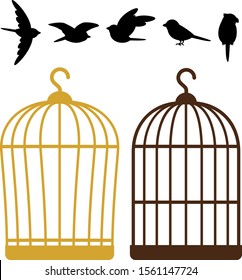 Retro bird cages and bird silhouette