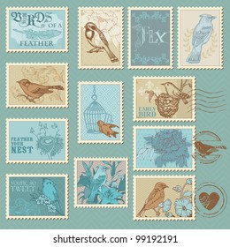 Retro Bird Postage Stamps - for design, invitation, congratulation, scrapbook