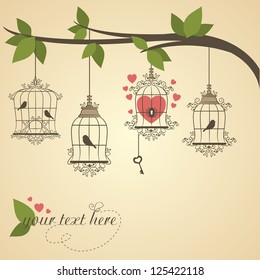 Retro birds in a cage. Vector illustration of Valentines theme