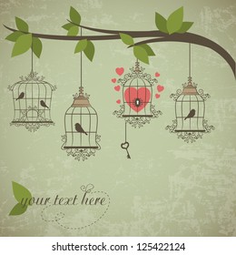 Retro birds in a cage. Vector illustration of Valentines theme