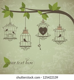 Retro birds in a cage. Vector illustration of Valentines theme