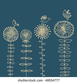 Retro birds on flowers