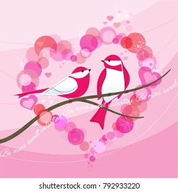 Retro Birds Valentine with Heart-shaped Bokeh Frame; With text Be mine sweet valentine! Inspired by mid-century modern illustration.
