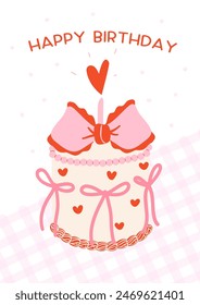 Retro Birthday Cake Illustration Groovy Coquette Design with Pink Bows, Happy birthday card idea.