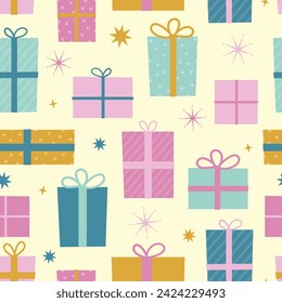 Retro birthday gift seamless vector pattern. 1950's, mid century modern, vintage style illustrations of gifts and presents. Repeat background, surface design for celebrations.