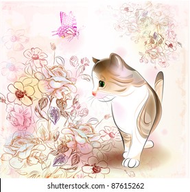  retro birthday greeting  card with little tabby kitten ,flowers and  butterfly . Watercolor style.