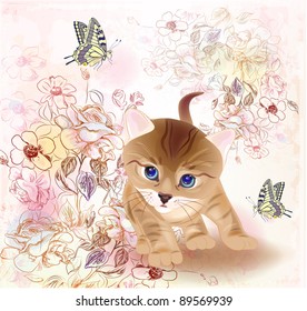  retro birthday greeting  card with little tabby kitten ,flowers and  butterflies . Watercolor style.