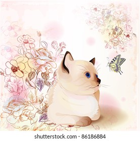  retro birthday greeting  card with thai kitten watching at butterfly . Watercolor style.