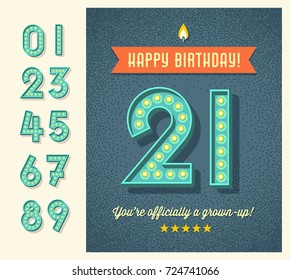 Retro Birthday Greeting Card Or Web Banner Design With Full Set Of Light Bulb Display Numbers. Easy To Edit.