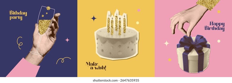 Retro Birthday meio-tom colagens cartas conjunto. Presente, bolo, mão com copo de champanhe com elementos dourados glitter. Papel rasgado estilo pop art pontilhado. Ilustração vetor elegante vintage