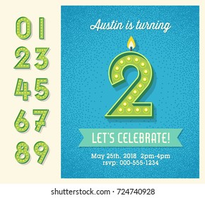 Retro Birthday Party Invitation With Full Set Of Light Bulb Display Numbers. Easy To Edit.