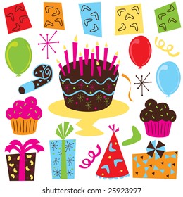 Retro Birthday Party Supplies, including balloons, party favors, birthday cake, cupcakes, presents and retro symbols