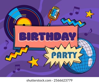 Retro birthday poster. Vinyl disc, microphone and disco ball with notes. Template for greeting card. Holiday and festival. Back to 80s and 90s. Booklet or brochure. Flat vector illustration