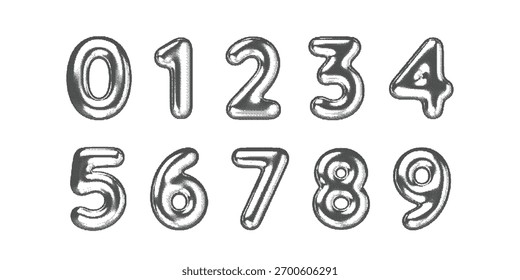 Retro bitmap numbers in 3D pixel style with halftone texture and dither gradient. Abstract monochrome Y2K design inspired by vintage video games and 8bit computer graphics