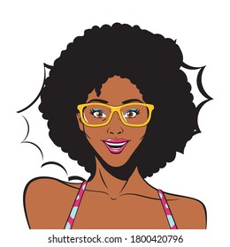 retro black afro woman cartoon with glasses and explosion design, Pop art vintage and fashion theme Vector illustration