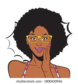 retro black afro woman cartoon with glasses and explosion design, Pop art vintage and fashion theme Vector illustration