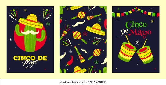 Retro black background header banner or poster design for Fiesta party celebration. music instrument, red chilli and bunting decoration. 