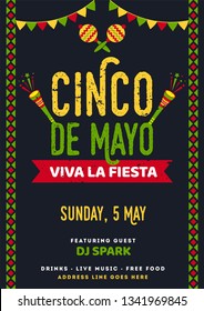 Retro black background template or card design with  text and details customized for fiesta party with celebration elements.