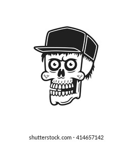 Retro black cartoon skull with hat. Bizarre head from hell. Vector. Eps 10.