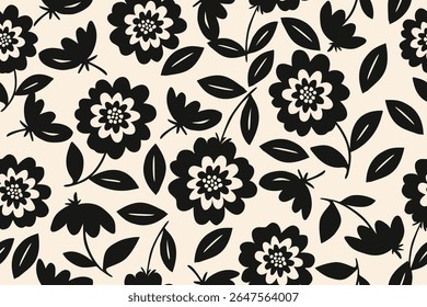 Retro black floral and leaf pattern on a beige background. Bold, layered flower shapes and butterflies create a vintage, playful botanical design.