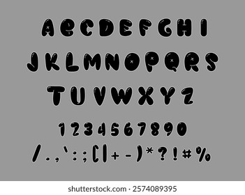 Retro black font, letters and numbers, special character typeface. Vector isolated set of y2k bubble balloon lettering typography. Vintage doodle glossy numeric symbols and English alphabet