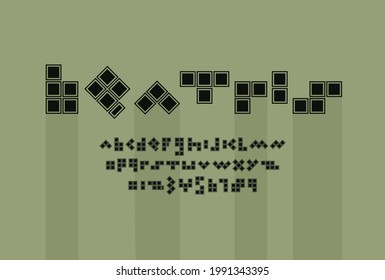 Retro Black Font, Trendy Game Alphabet, Bold Latin Letters And Arab Numbers Made In Tetris Style, Vector Illustration 10eps