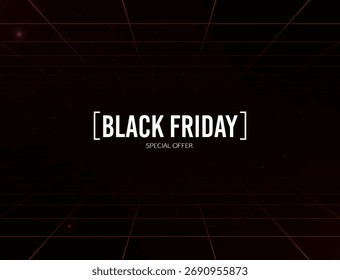 Afiche retro de Black Friday con líneas de cuadrícula roja sobre fondo oscuro. Antiguas Anuncio futurista en estilo digital antiguo, perfecto para la venta, marketing y promociones de ofertas especiales.