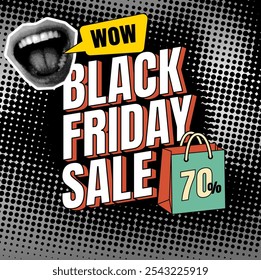 Retro Black Friday Sale: Discount Voucher. Unique Design with Cut-Out Halftone elements. Discount voucher, special price off event banner template.
