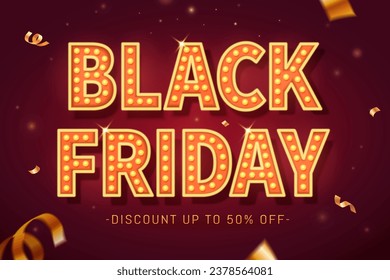 Retro Black Friday sale marquee bulb sign on barn red background with golden confetti.