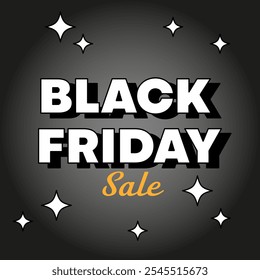 Retro Black Friday Sale. Text with gold effect and stars on dark background. Banner, card and poster design. Flat Vector cartoon illustration.