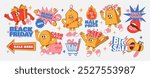 Retro Black Friday stickers. Cartoon shopping characters. Vintage promo mascot coin, label, gift box, shop bag, megaphone. Groovy sale, cash back text vector set.