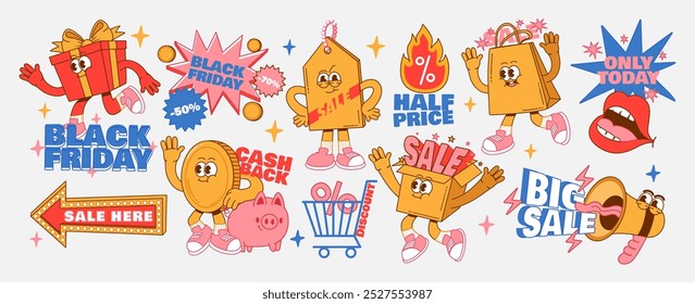 Retro Black Friday stickers. Cartoon shopping characters. Vintage promo mascot coin, label, gift box, shop bag, megaphone. Groovy sale, cash back text vector set.