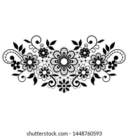 Retro black lace vector single design, ornamental pattern with flowers and swirls, detailed lace motif. Old style background monochrome embroidery, textile decoration inspired by French art
