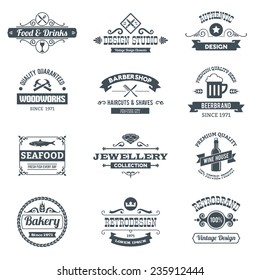 Retro black logo emblems set with woodworks barbershop restaurant isolated vector illustration