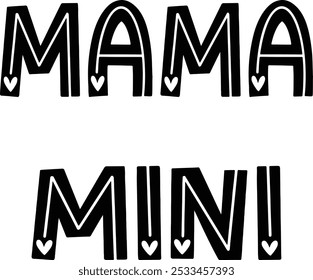 Retro negro mamá y mini archivo de Vector de letras para camisas a juego, corazones vintage mamá mamá mini niño niña archivos de Vector Adobe Illustrator