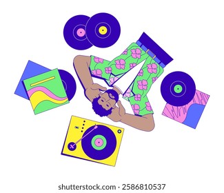 Retro black man listening to vinyl records on turntable cartoon flat illustration. 70s music culture. African american male audiophile 2D character isolated on white background. Vector colorful image