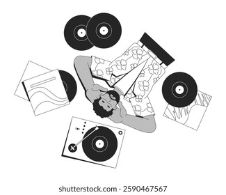 Retro black man listening to vinyl records on turntable linear illustration. 70s music culture. African american male audiophile 2D line character isolated on white. Monochrome vector outline image