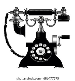 Retro black phone. Vintage engraving stylized drawing. Vector illustration