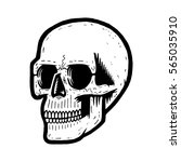Retro black skull. Print for t-shirt. Bizarre dead head.
