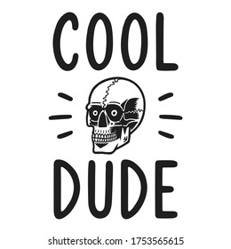 Retro black skull. Print for t-shirt. Bizarre dead head. Cool dude.
