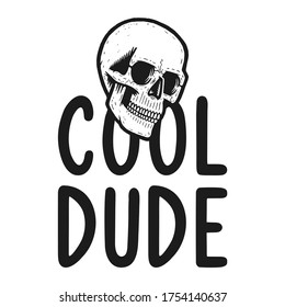 Retro black skull. Print for t-shirt. Bizarre dead head. Cool dude.